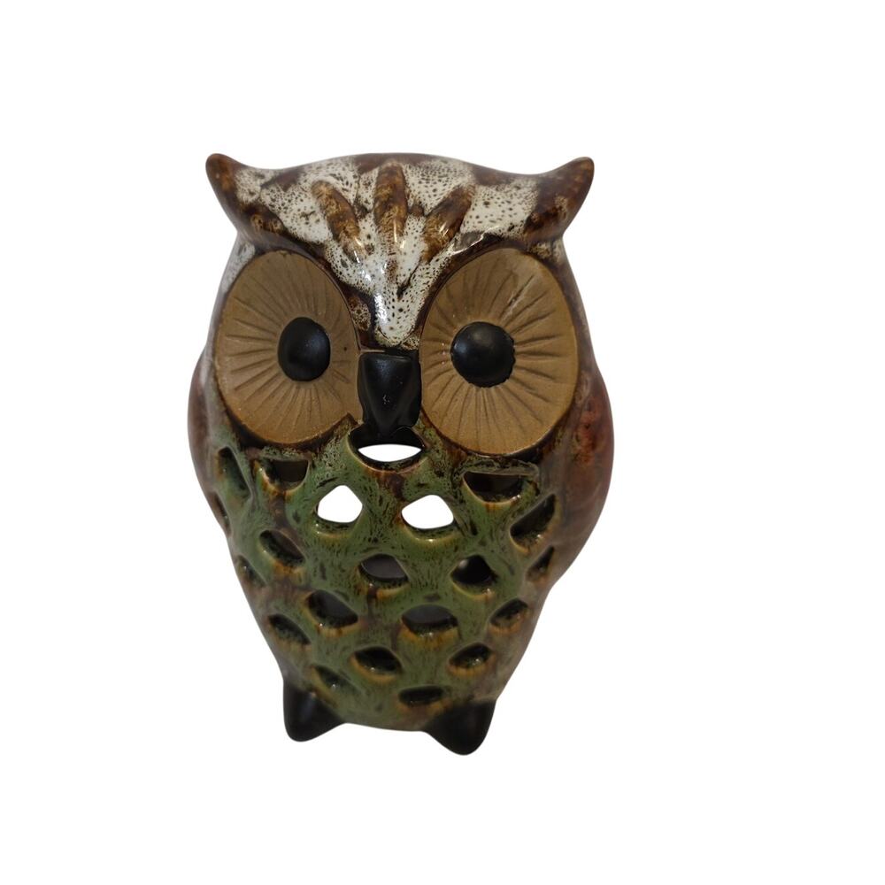 Ceramic Glazed Owl Tea Light Holder Green Brown Natural Granola Boho Whimsical